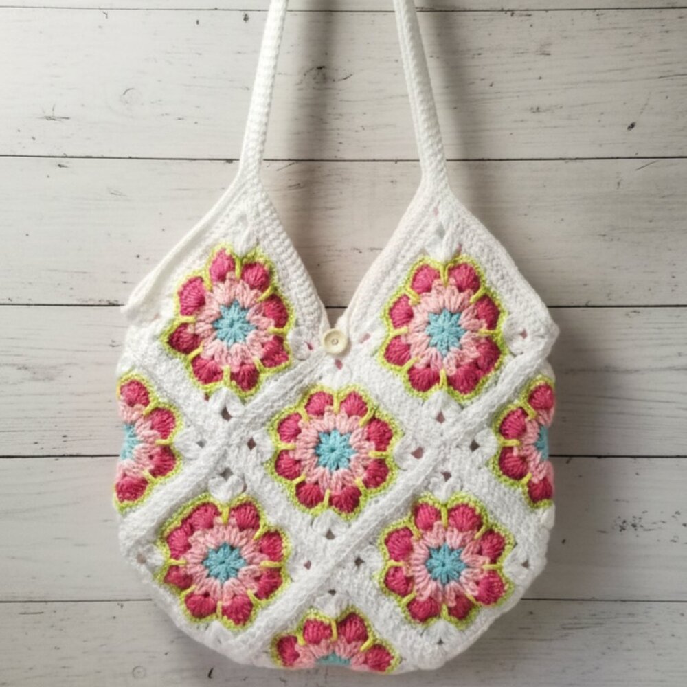 Preppy Pink Crochet Granny Square Shoulder Bag Lined With Pocket and Coinpurse